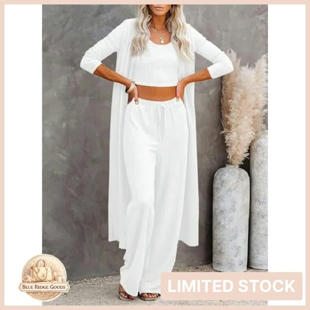 3 Piece Lounge Set Knit Cardigan Crop Top Wide Leg Pants Chic Comfy